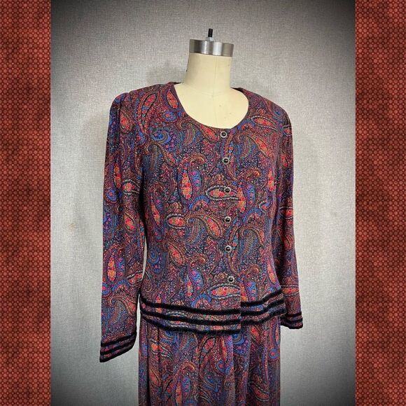 Vintage 1980s Kathie Lee Dress Paisley Dark Academia Purple Blue Sz S/M - Picture 3 of 9